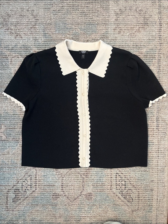 Express Tops - Express Black Short Sleeve Button-Down Top with Cream Scalloped Trim